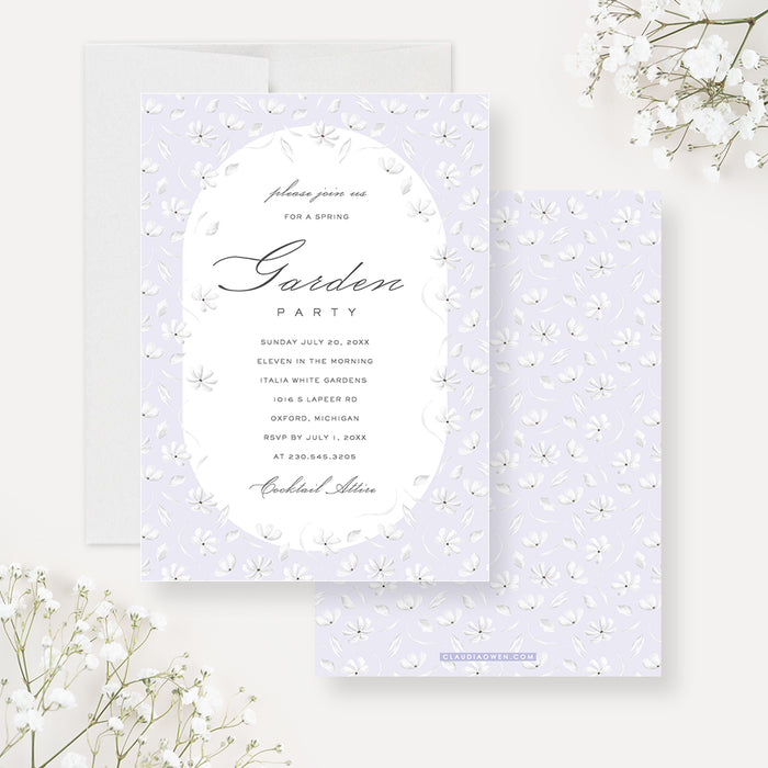 Garden Party Invitation Card with Delicate White Flowers, Spring Party Invitations, Floral Summer Party Invites, Personalized Springtime Party Invite Cards