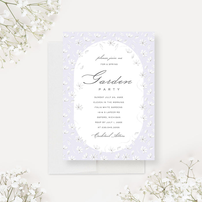 Garden Party Invitation Card with Delicate White Flowers, Spring Party Invitations, Floral Summer Party Invites, Personalized Springtime Party Invite Cards