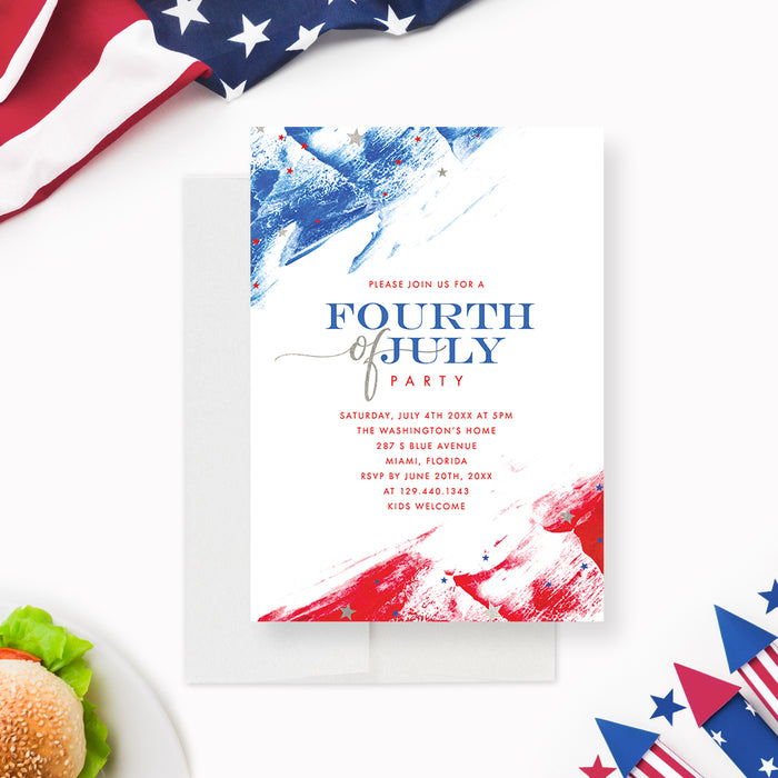 Fourth of July Invites, 4th of July Party Invitations with U.S. Flag Colors, Personalized USA Independence Day Celebration Invite Card, July 4 Birthday Invitation Cards