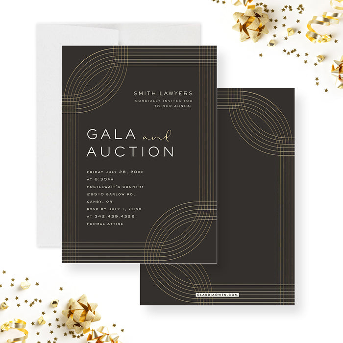 Gala and Auction Invitation Card, Black and Gold Company Invitations, Elegant Fundraising Event, Modern Business Event Invites with Gold Border