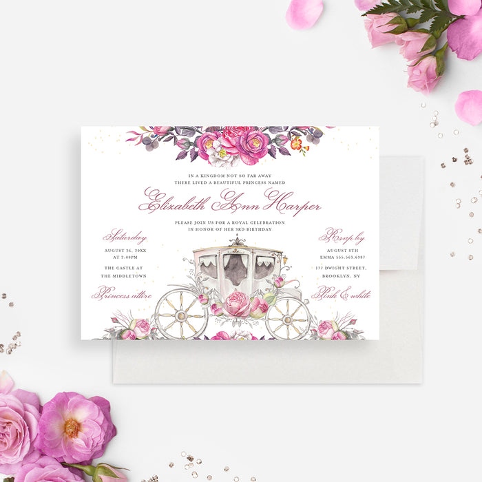 Princess Carriage Birthday Party Invitations for Girls, Once Upon a Time Fairytale Party Invitations, Royal Birthday Invitation Card, 3rd 4th 5th 6th Birthday Invites