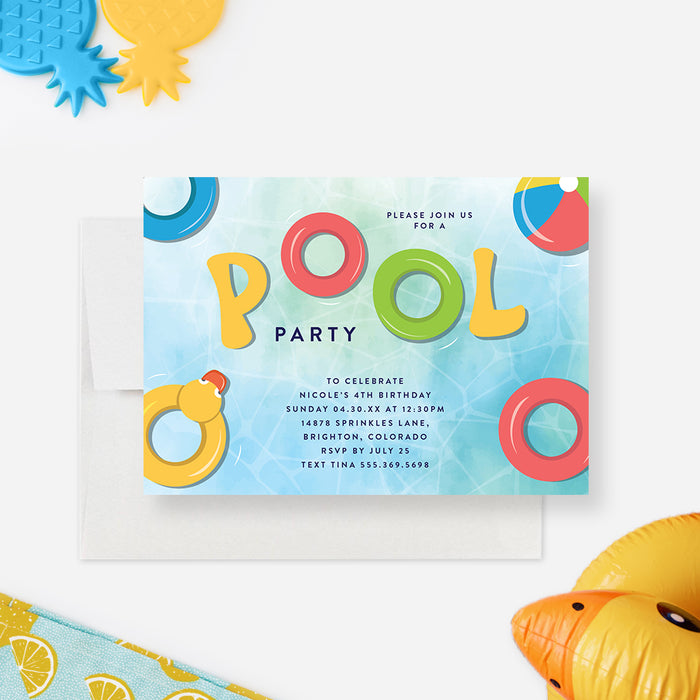 Kids Pool Party Birthday Invitation Card, Unique Swimming Party for Boys and Girls, 4th 5th 6th 7th Birthday Invitations, Summer Pool Party Invites