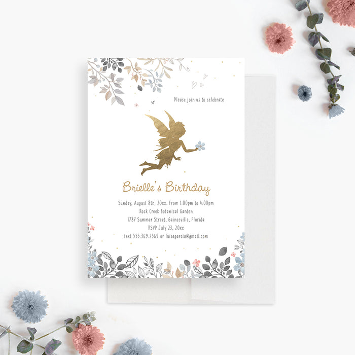 Fairy Themed Kids Birthday Party Invitation Card, Fairy Garden Invitations for Girls, 1st 2nd 3rd 4th Birthday Invites, Magic Fairy Invites with Flowers
