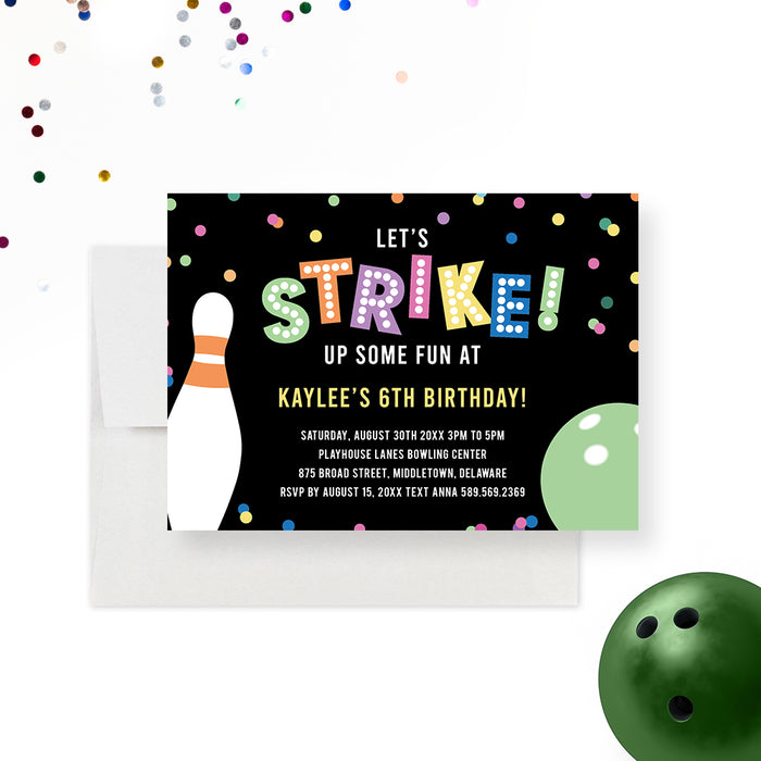 Bowling Birthday Party Invitations for Boys and Girls, Let’s Strike Up Some Fun Kids Invitation Card, 6th 7th 8th 9th 10th Birthday Invites
