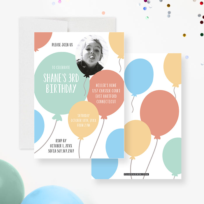 Balloon Kids Birthday Party Invitation, 1st 2nd 3rd 4th 5th Birthday Invites for Boys and Girls, Colorful Birthday Invite Card