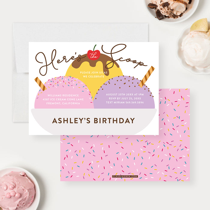 Ice Cream Birthday Party Invitation Card for Kids, Here’s the Scoop Birthday Invitations, 1st 2nd 3rd 4th 5th Birthday Invites, Dessert Party Invite, Sweet One Birthday