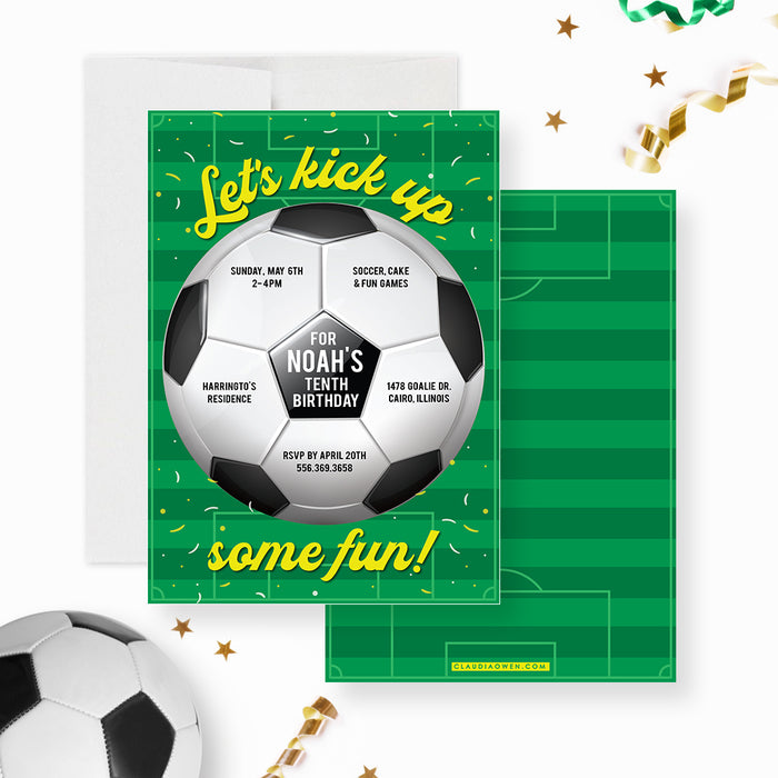Kids Birthday Soccer Party Invitation Card, Football Birthday Party, 10th 11th 12th 13th Birthday Invites for Boys and Girls, Sport Themed Birthday, Let’s Kick Up Some Fun