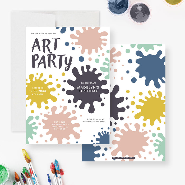 Art Party Birthday Invitation for Girls and Boys, 4th 5th 6th 7th 8th 9th 10th Kids Birthday Invites with Paint Splatter, Painting Party Invite Card