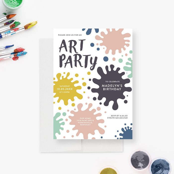 Art Party Birthday Invitation for Girls and Boys, 4th 5th 6th 7th 8th 9th 10th Kids Birthday Invites with Paint Splatter, Painting Party Invite Card