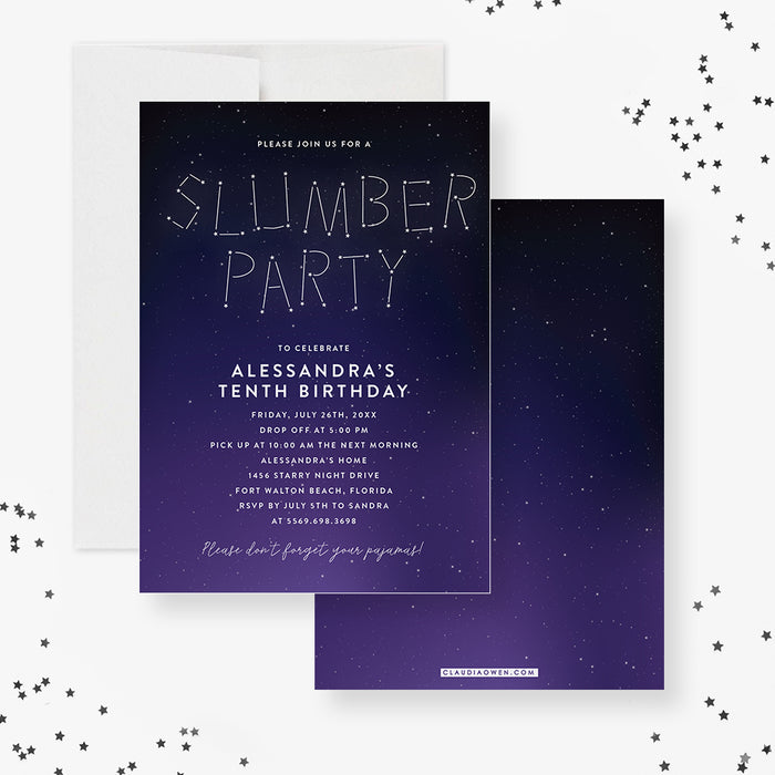 Slumber Party Birthday Invitations, Pajama Party Invite, Sleepover Party Birthday Invitation Card, 10th 11th 12th13th  Birthday Invites, PJ Party Invite with Starry Night Sky
