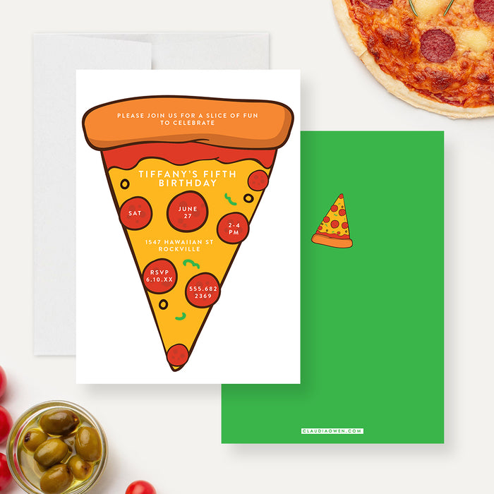 Pizza Party Birthday Invitation Card for Kids, 5th 6th 7th 8th 9th 10th Birthday Invitations for Boys and Girls, Pepperoni Pizza Slice, Pizza Making Party Invite Cards