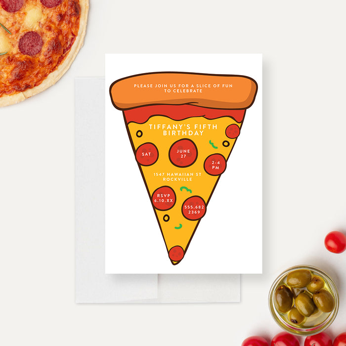 Pizza Party Birthday Invitation Card for Kids, 5th 6th 7th 8th 9th 10th Birthday Invitations for Boys and Girls, Pepperoni Pizza Slice, Pizza Making Party Invite Cards