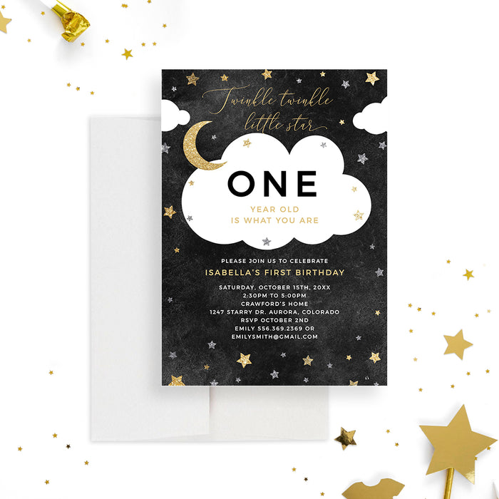 Twinkle Twinkle Little Star First Birthday Invitation Template, Twinkle Baby Shower Invites, Gold Moon and Stars Digital Download