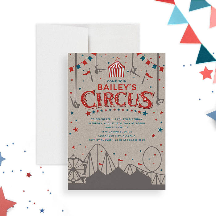 Circus Birthday Invitation Template, Carnival Birthday Invites for Boys and Girls, Circus Printable Digital Download, 5th 6th Kids Birthday
