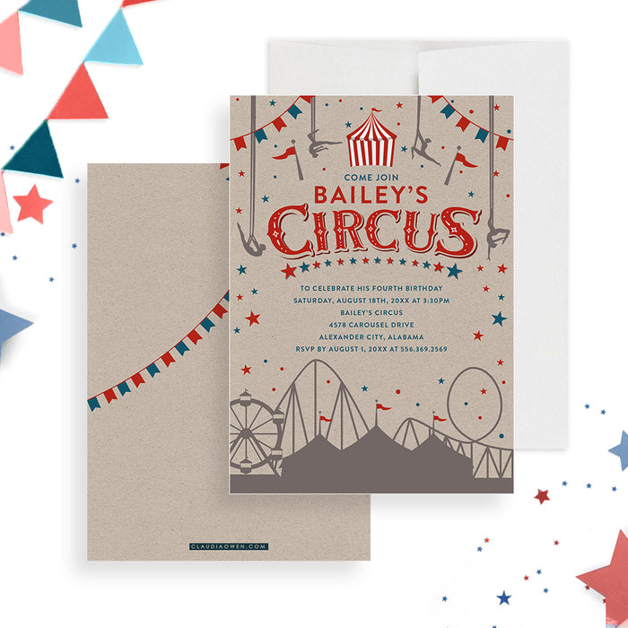 Vintage Circus Kids Birthday Party Invitation Card, Carnival Themed Party Invites, Amusement Park Birthday Invitations, 1st 2nd 3rd 4th Birthday Invite Cards
