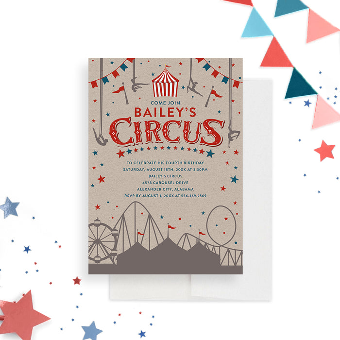 Vintage Circus Kids Birthday Party Invitation Card, Carnival Themed Party Invites, Amusement Park Birthday Invitations, 1st 2nd 3rd 4th Birthday Invite Cards
