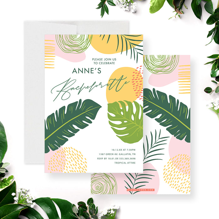 Tropical Bachelorette Party Invitation Card, Beach Bachelorette Invitations, Summer Bachelorette Weekend Party Invites with Monstera Leaves and Ferns