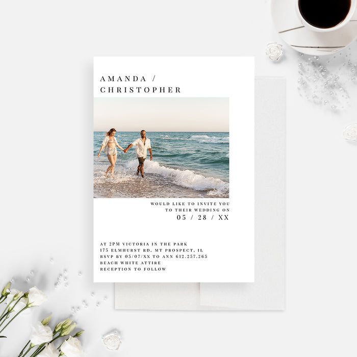 Modern Wedding Invitation with Photo, Minimalist Wedding Photo Invitation Card, Simple Anniversary Party Invites, Personalized Engagement Party Invite Cards