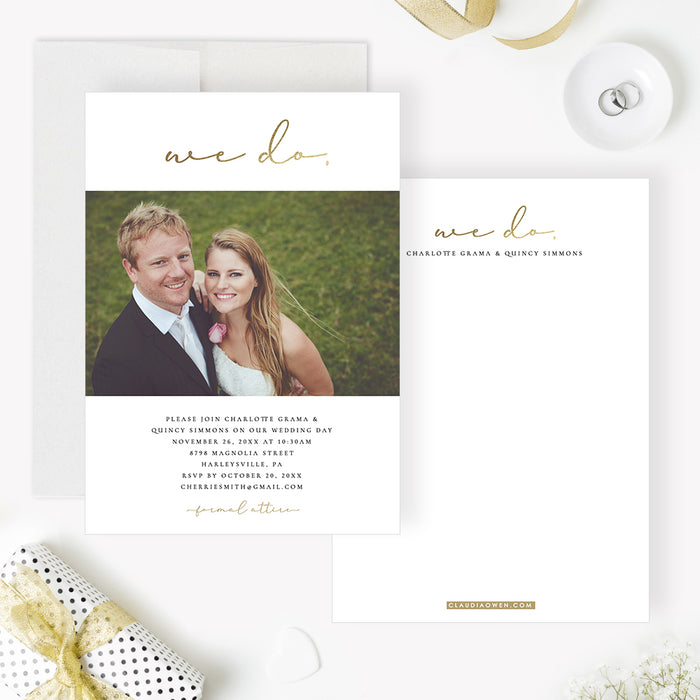 White and Gold Wedding Invitation with Photo, We Do Wedding Invitations, Modern Wedding Photo Invitation, Elegant Anniversary Party Invites with Gold Typography
