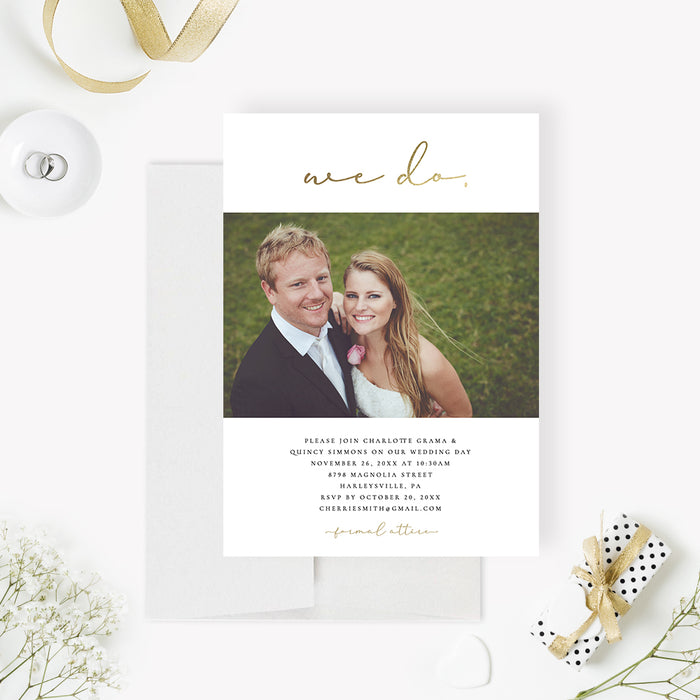 White and Gold Wedding Invitation with Photo, We Do Wedding Invitations, Modern Wedding Photo Invitation, Elegant Anniversary Party Invites with Gold Typography