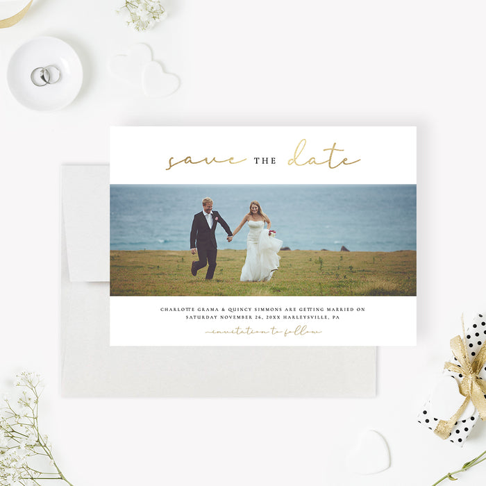 Elegant Wedding Save the Date Card with Photo, White and Gold Save the Date Cards, Modern Save the Date Photo Cards, Minimalist Save the Date with Gold Typography