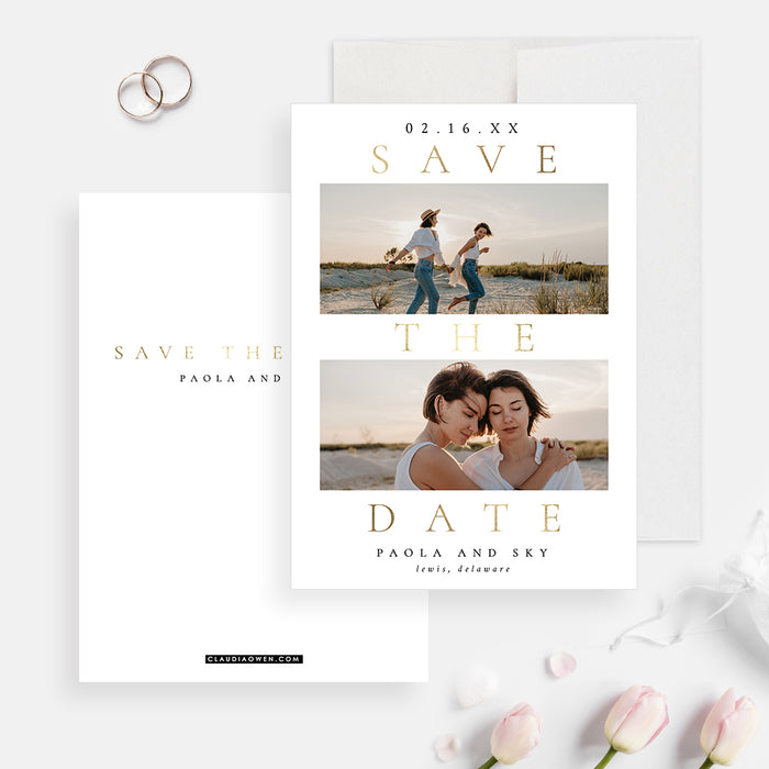 White and Gold Wedding Save the Date with Two Photos, Modern Save the Date Cards, Elegant Save the Date Photo Cards, Save Our Date Card with Gold Typography