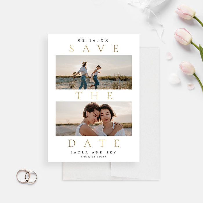White and Gold Wedding Save the Date with Two Photos, Modern Save the Date Cards, Elegant Save the Date Photo Cards, Save Our Date Card with Gold Typography