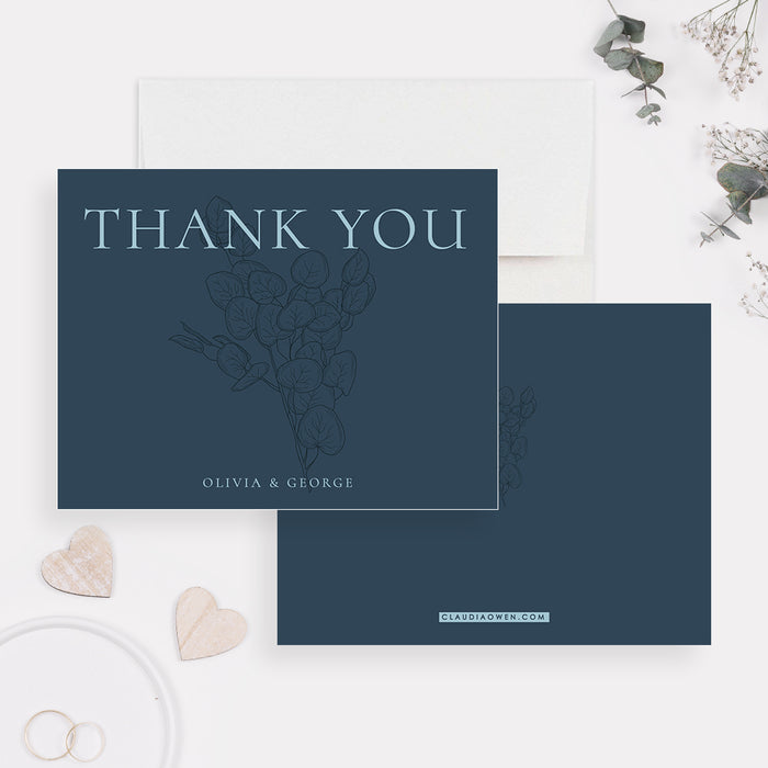 Vintage Wedding Thank You Cards with Vintage Foliage, Dusty Blue Floral Bridal Shower Thank You Notes, Garden Anniversary Party Thank You Note Cards with Leaves