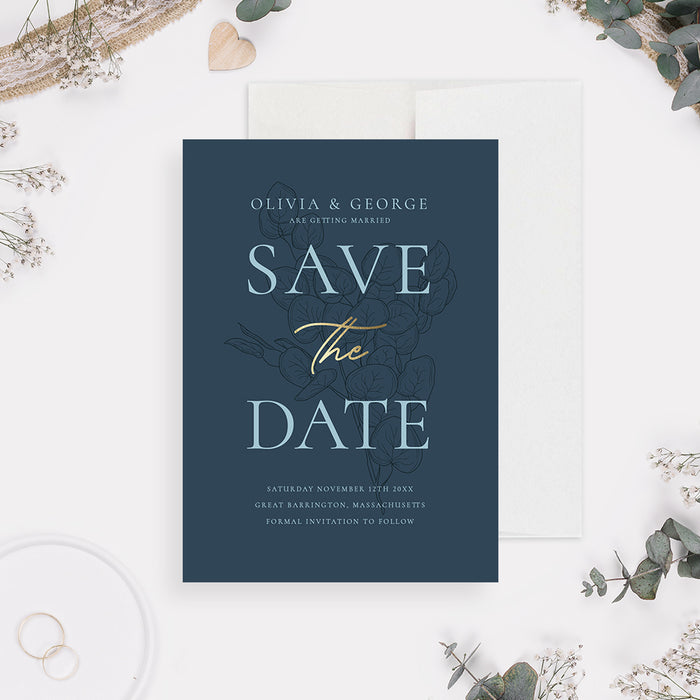Dusty Blue and Gold Wedding Save the Date Cards, Botanical Birthday Save the Date, Elegant Save the Dates, Personalized Vintage Save Our Date Card with Leaves