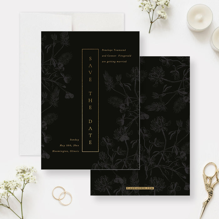 Black and Gold Floral Wedding Save the Date Card, Elegant Birthday Save the Date, Botanical Save the Dates, Classy Save The Date Cards with Vintage Flowers and Leaves