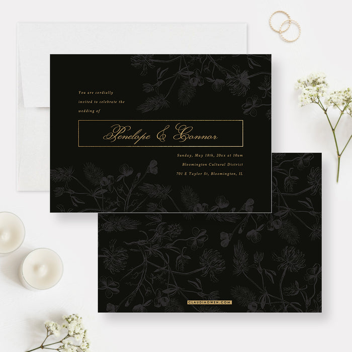 Elegant Floral Wedding Invitations, Black and Gold Anniversary Party Invites, Botanical Engagement Party Invitation Card, Bridal Shower Invite Cards with Vintage Foliage