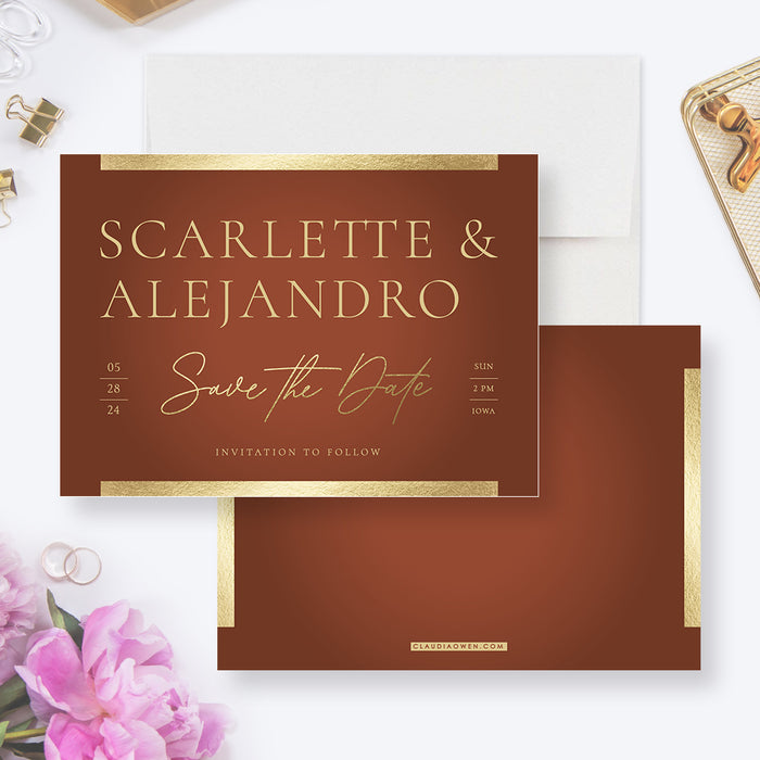 Chocolate Brown Wedding Save the Date with Gold Border, Elegant Save the Dates, Terracotta Birthday Save the Date Card, Personalized Rust Save The Date Cards