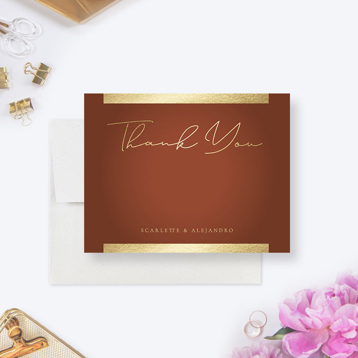 Terracotta Wedding Thank You Cards with Gold Border, Coffee Brown Modern Thank You Notes, Chocolate Brown Thank You Note Card, Elegant Anniversary Thank You Cards