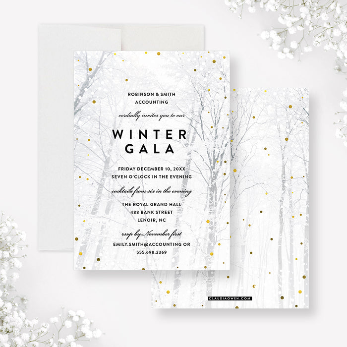 Winter Gala Business Invitation Card with Snowy Forest, Winter Wonderland, Creative Winter Birthday Invites with Snow and Trees, Winter Woodland Bridal Shower Cards