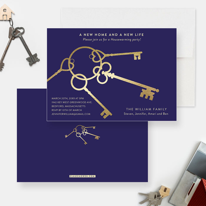 Housewarming Party Invitation with Gold Antique Keys, Blue and Gold New Home Invite Card, We Have Moved Party Invites, Elegant Moving Announcement Cards