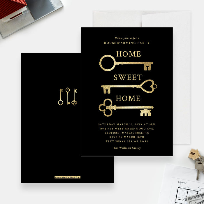 Home Sweet Home Housewarming Party Invitation with Gold Antique Keys, Elegant Moving Announcement Cards, New Home Cards, Moving Away Cards