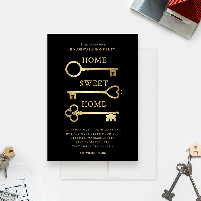 Home Sweet Home Housewarming Party Invitation with Gold Antique Keys, Elegant Moving Announcement Cards, New Home Cards, Moving Away Cards