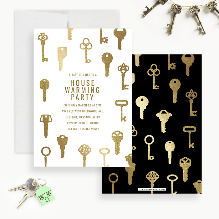 White and Gold Housewarming Party Invitations with Antique Keys, New Home Invite Cards, Elegant Housewarming Invitation, We Have Moved Announcement Cards