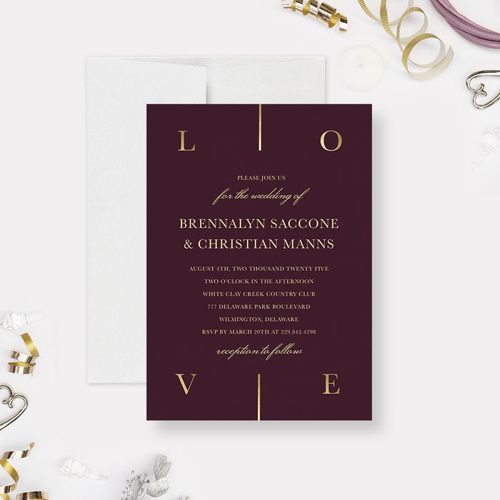 Elegant Burgundy and Gold Wedding Invitations, Romantic Anniversary Party Invites,  Maroon and Gold Wedding Invitation Cards, Minimalist Rehearsal Dinner Card