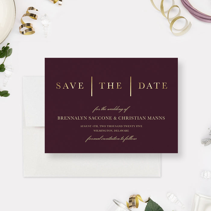 Burgundy Wedding Save the Date with Gold Typography, Winery Event Save the Dates, Modern Minimalist Save the Date Card, Wine Color Save Our Date Cards