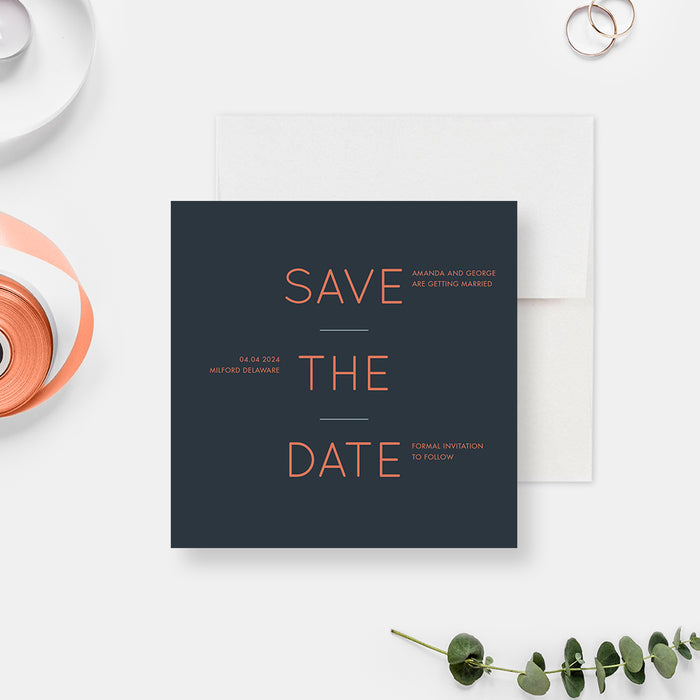 Modern Wedding Save the Date, Navy Blue and Orange Save the Dates, Simple Save the Date Card, Personalized Minimalist Save Our Date Cards