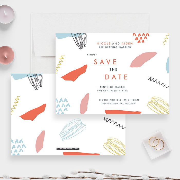 Artistic Wedding Save the Date Cards, Colorful Save the Dates with Abstract Art, Personalized Birthday Save the Dates, Unique and Creative Save Our Date Card