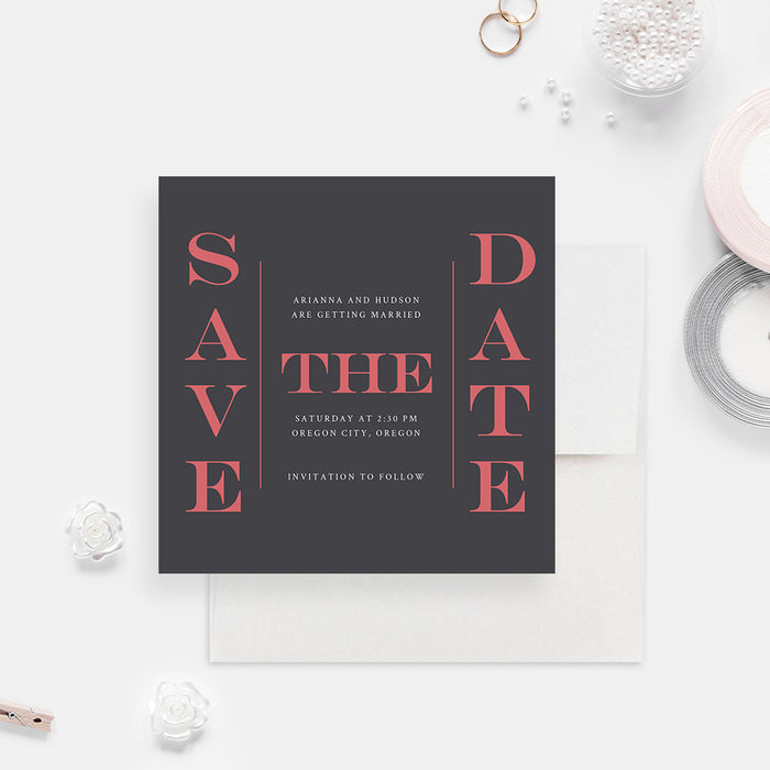 Minimalist Gray Wedding Save the Date Card, Modern Save the Date, Simple Gray Save the Dates, Personalized Save Our Date Cards in Gray and Pink