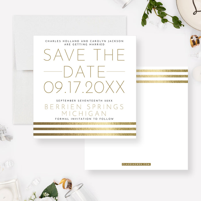 White and Gold Wedding Save the Date Cards, Elegant Save the Dates, Modern Save the Date Cards, Personalized Classy Save Our Date Card with Gold Striped Design