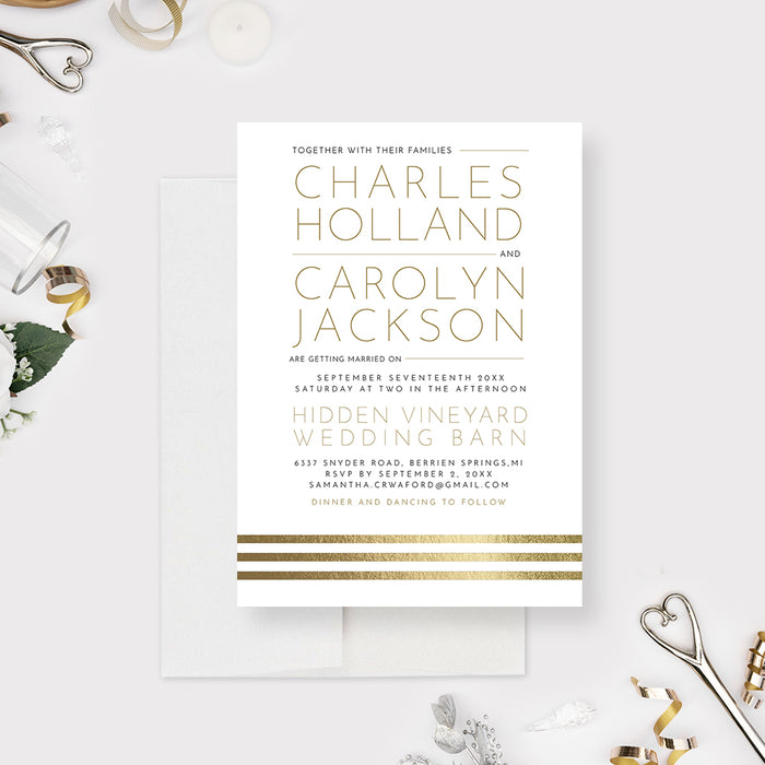 Elegant White and Gold Wedding Invitations, Classy Anniversary Party Invites, Modern Engagement Party Invitation Card, Rehearsal Dinner Card with Gold Striped Design