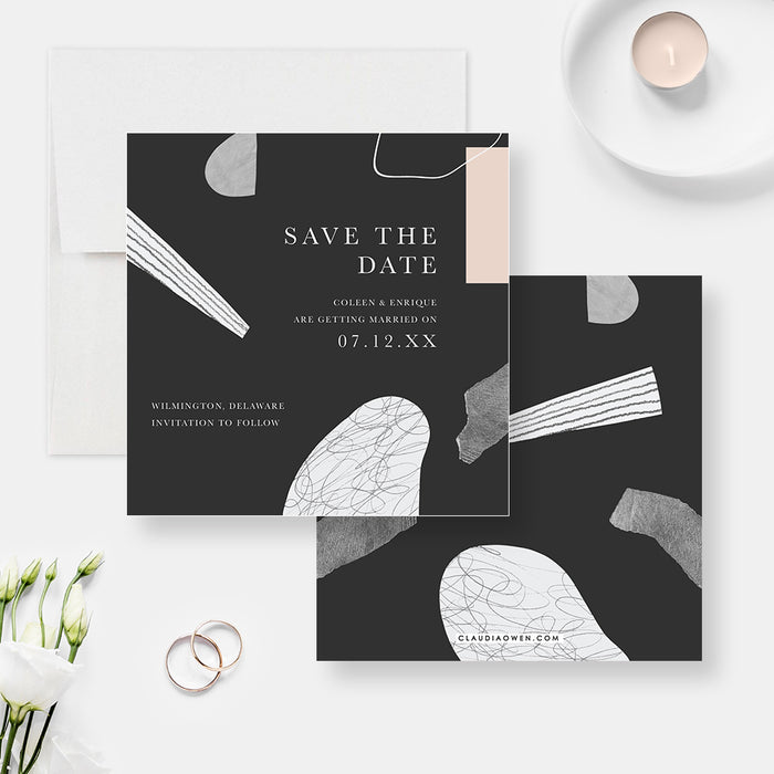 Unique Wedding Save the Date with Abstract Art, Artistic Save the Date Cards, Creative Birthday Save the Dates, Personalized Modern Save Our Date Card in Black