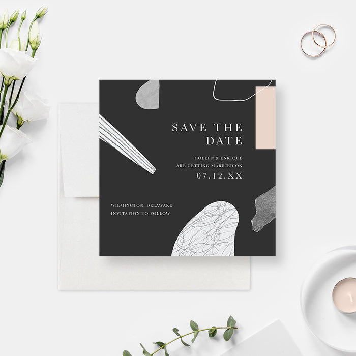 Unique Wedding Save the Date with Abstract Art, Artistic Save the Date Cards, Creative Birthday Save the Dates, Personalized Modern Save Our Date Card in Black