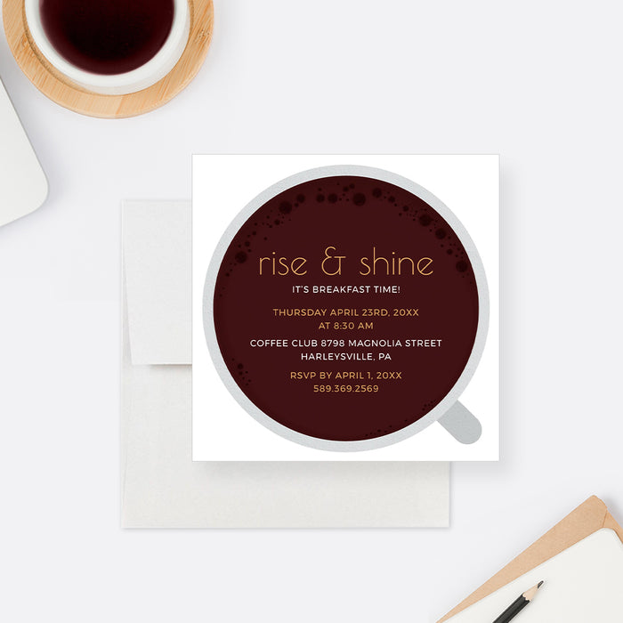 Rise and Shine Breakfast Invitation Template, Coffee and Conversation Invites, Breakfast Brunch Meeting Digital Print, Coffee Cup Printable