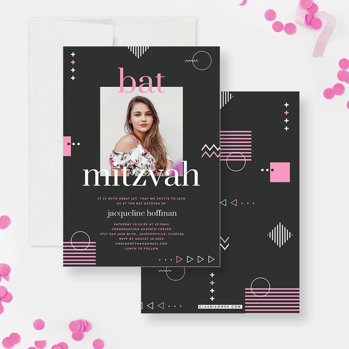 Modern Bat Mitzvah Invitation with Photo, Gray and Pink Bar Mitzvah Invitation Card, Unique Bat Bar Mitzvah Invites, Religious Jewish Celebration Invite Cards