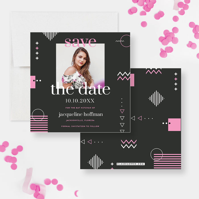 Unique Bat Mitzvah Save the Date with Photo, Gray and Pink Bar Mitzvah Save the Date Cards, Personalized Religious Jewish Celebration with Modern Feel
